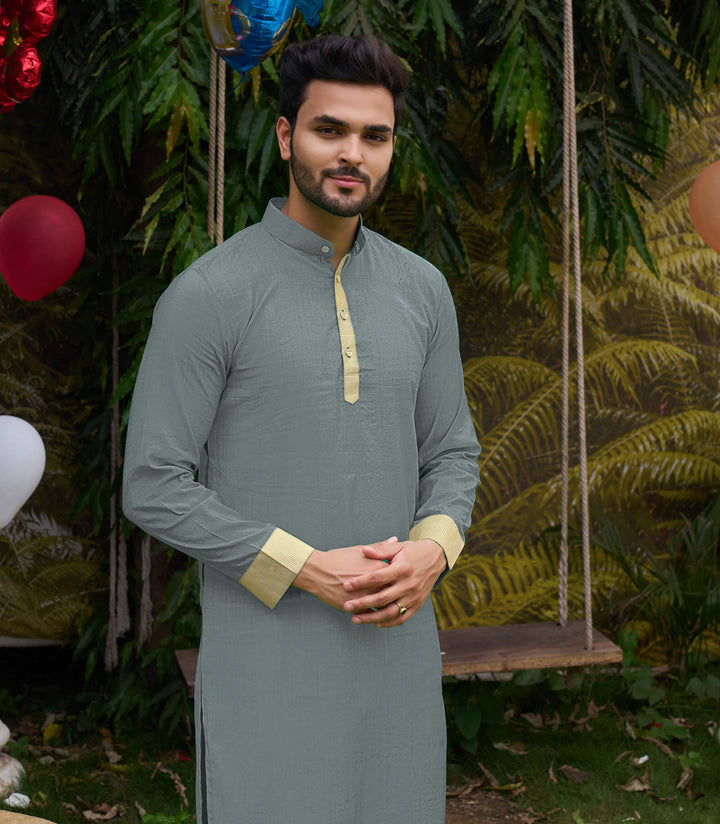 Classic Men Silk Grey Kurta with Pajama