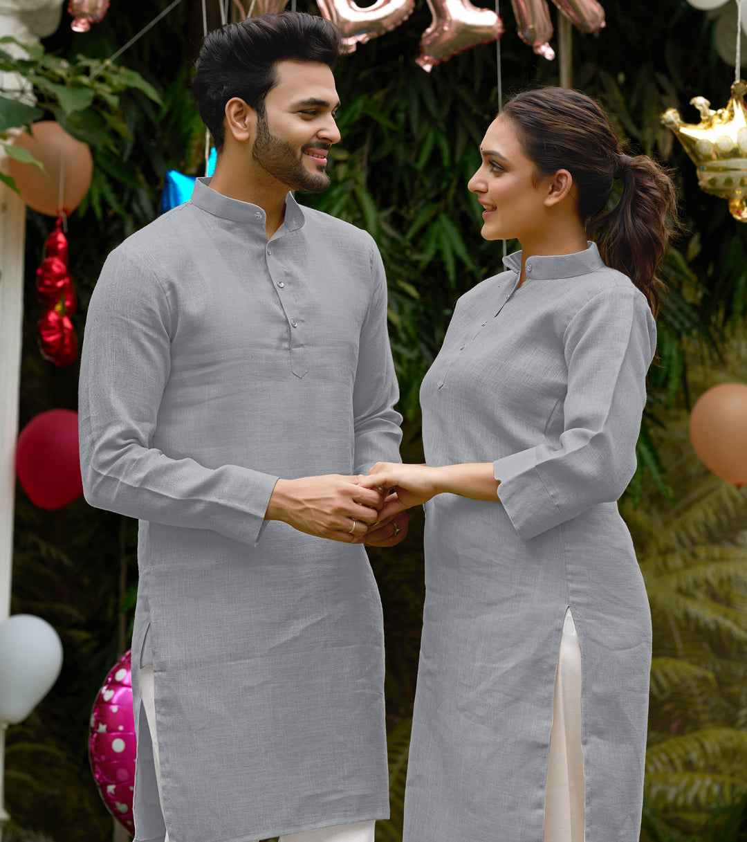 Linan Cotton Kurti and Kurta Diamond Grey Couple Dress