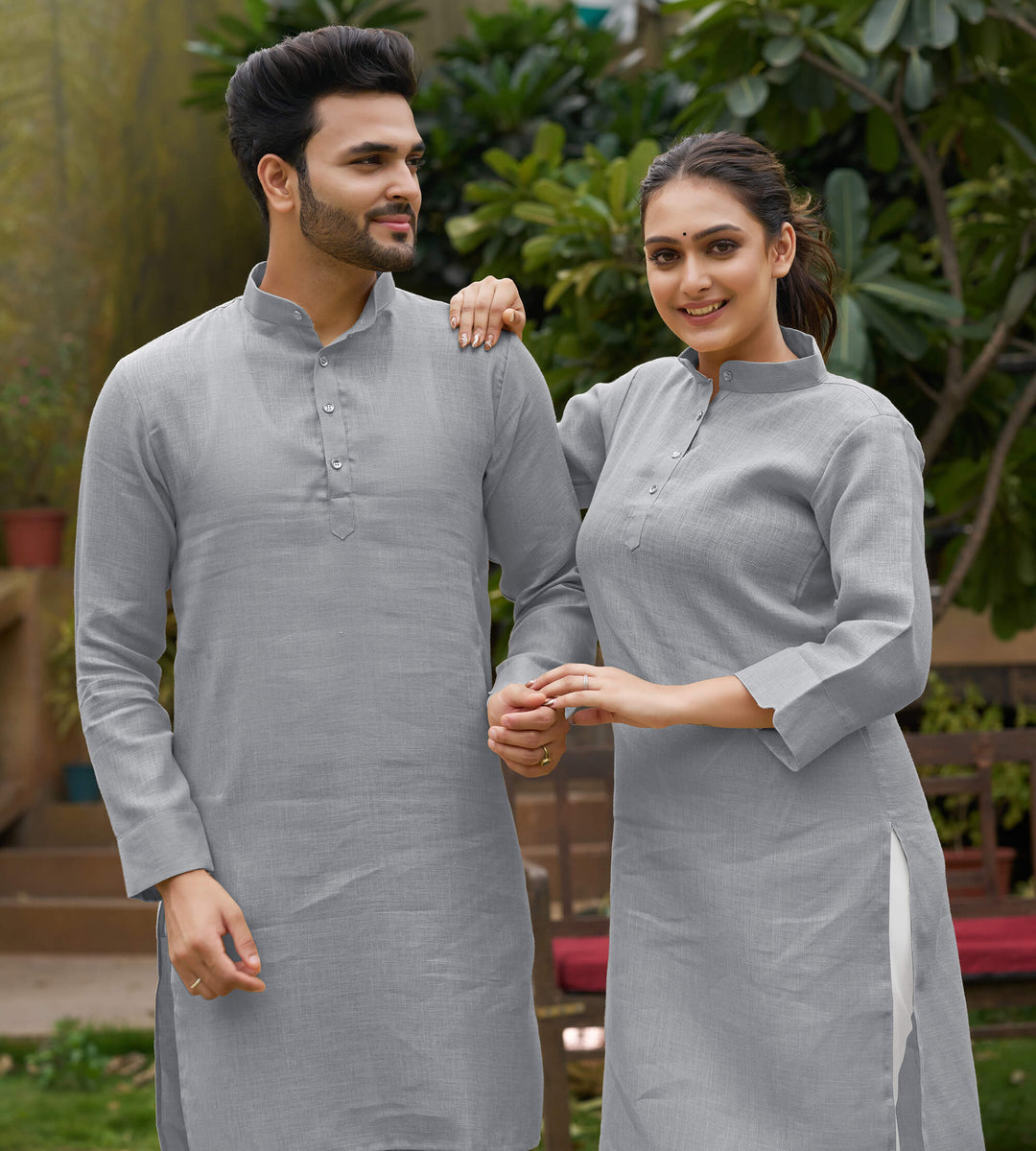 Linan Cotton Kurti and Kurta Diamond Grey Couple Dress