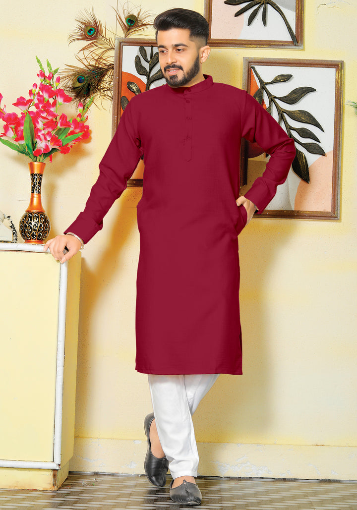 Archittam Maroon Cotton Dobby Slim Fit Long Kurta
