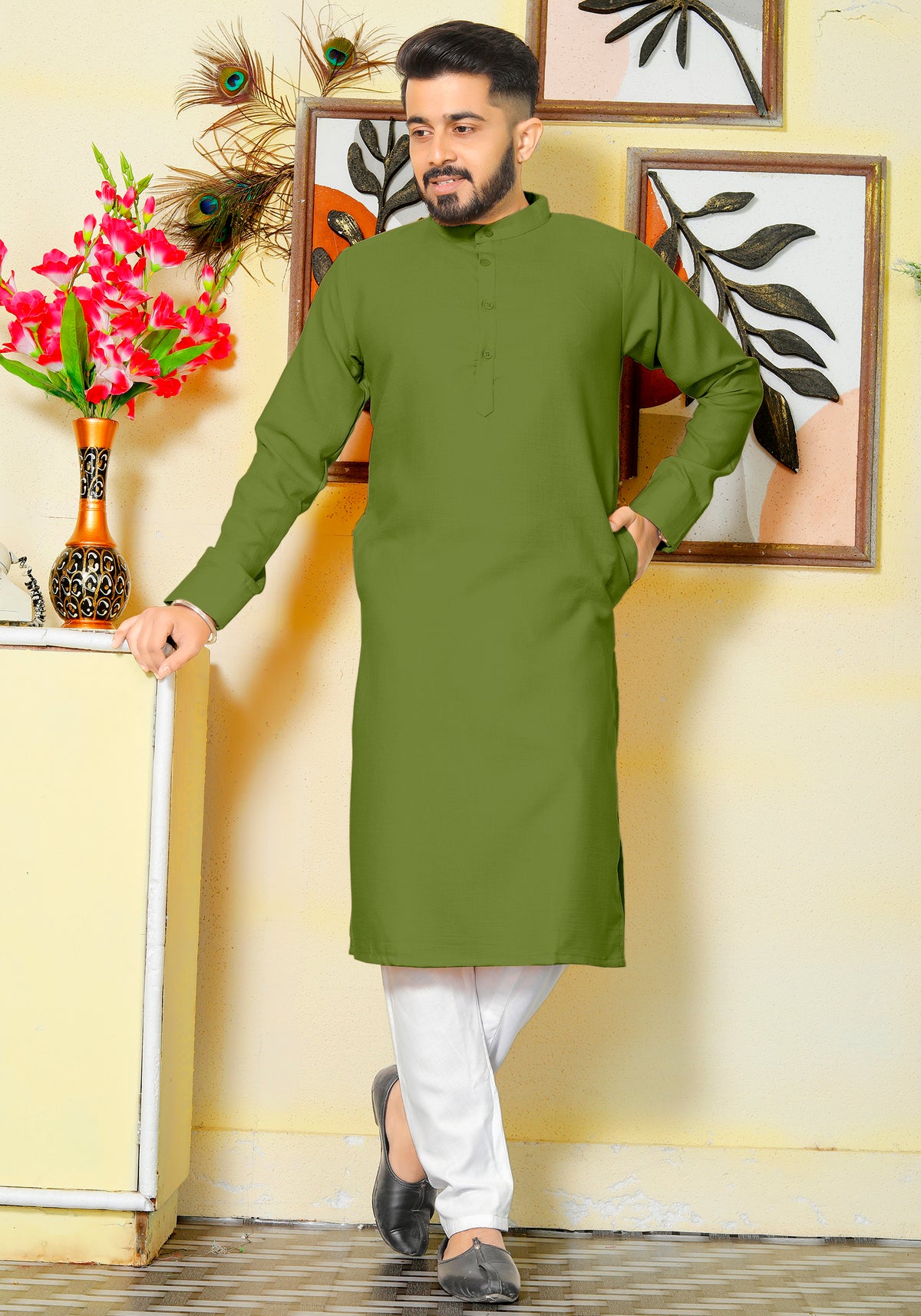 Archittam  Green Cotton Dobby Slim Fit Long Kurta