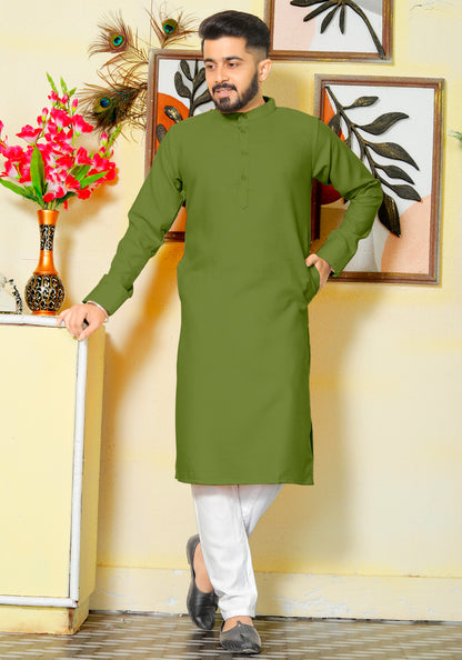 Archittam  Green Cotton Dobby Slim Fit Long Kurta