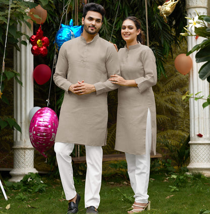 Linen Cotton Kurti and Kurta Cream Couple Combo
