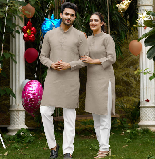 Linen Cotton Kurti and Kurta Cream Couple Combo