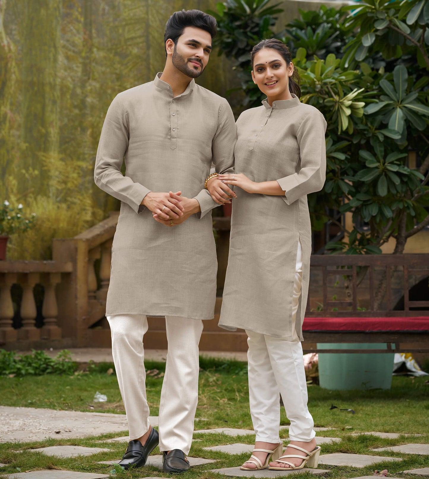 Linen Cotton Kurti and Kurta Cream Couple Combo