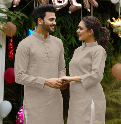 Linen Cotton Kurti and Kurta Cream Couple Combo