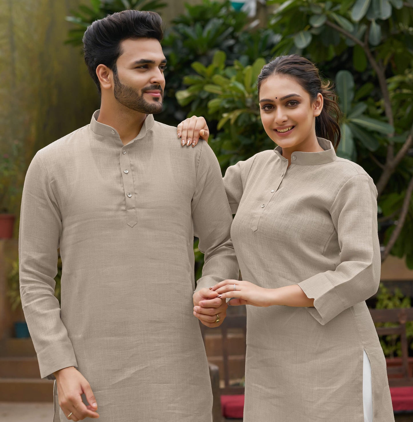 Linen Cotton Kurti and Kurta Cream Couple Combo