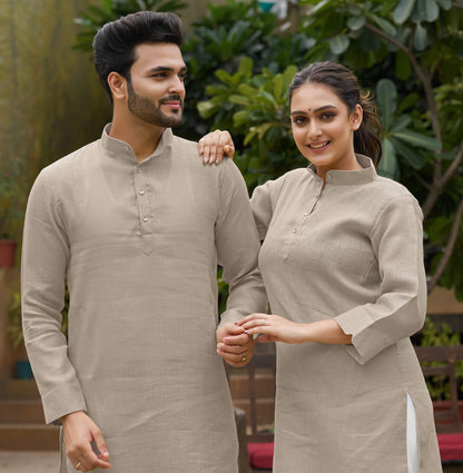 Linen Cotton Kurti and Kurta Cream Couple Combo