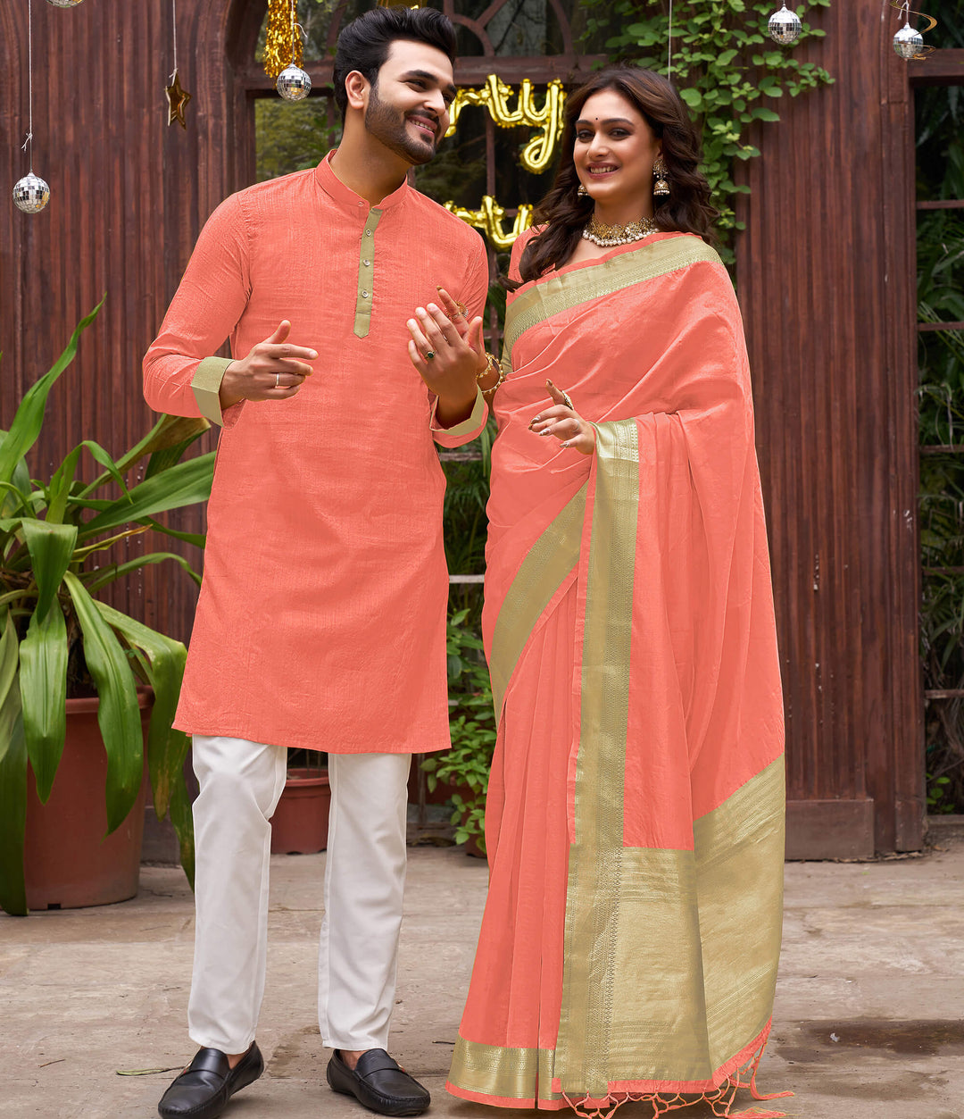 Cutie Peach Couple Matching Dress Orgenza silk Saree & Kurta