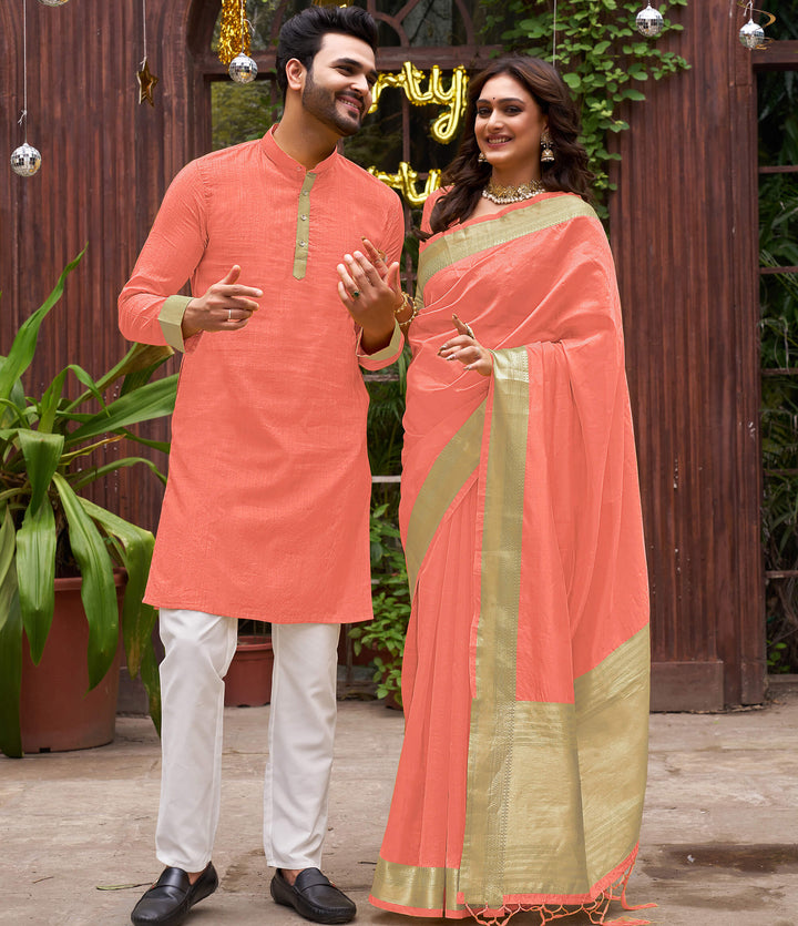 Cutie Peach Couple Matching Dress Orgenza silk Saree & Kurta