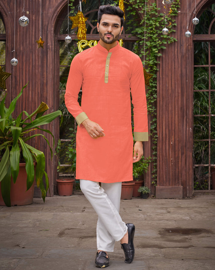 Classic Men Silk Peach Kurta with Pajama
