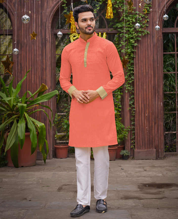 Classic Men Silk Peach Kurta with Pajama