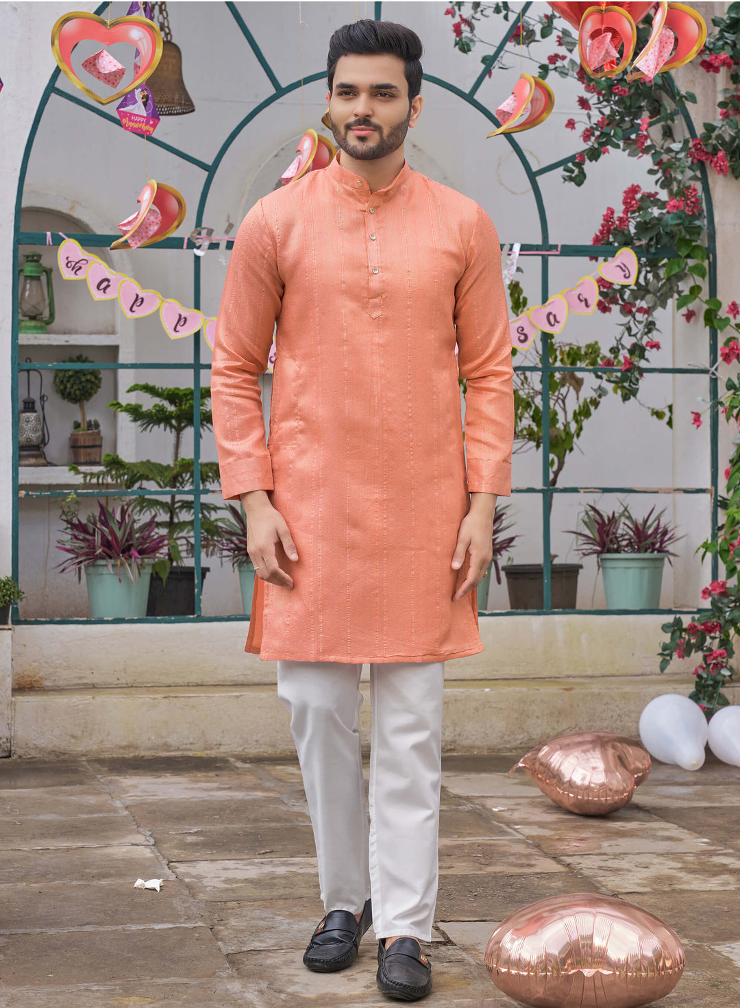 Stylish Men Zari Silk Gold Peach Kurta with Pajama