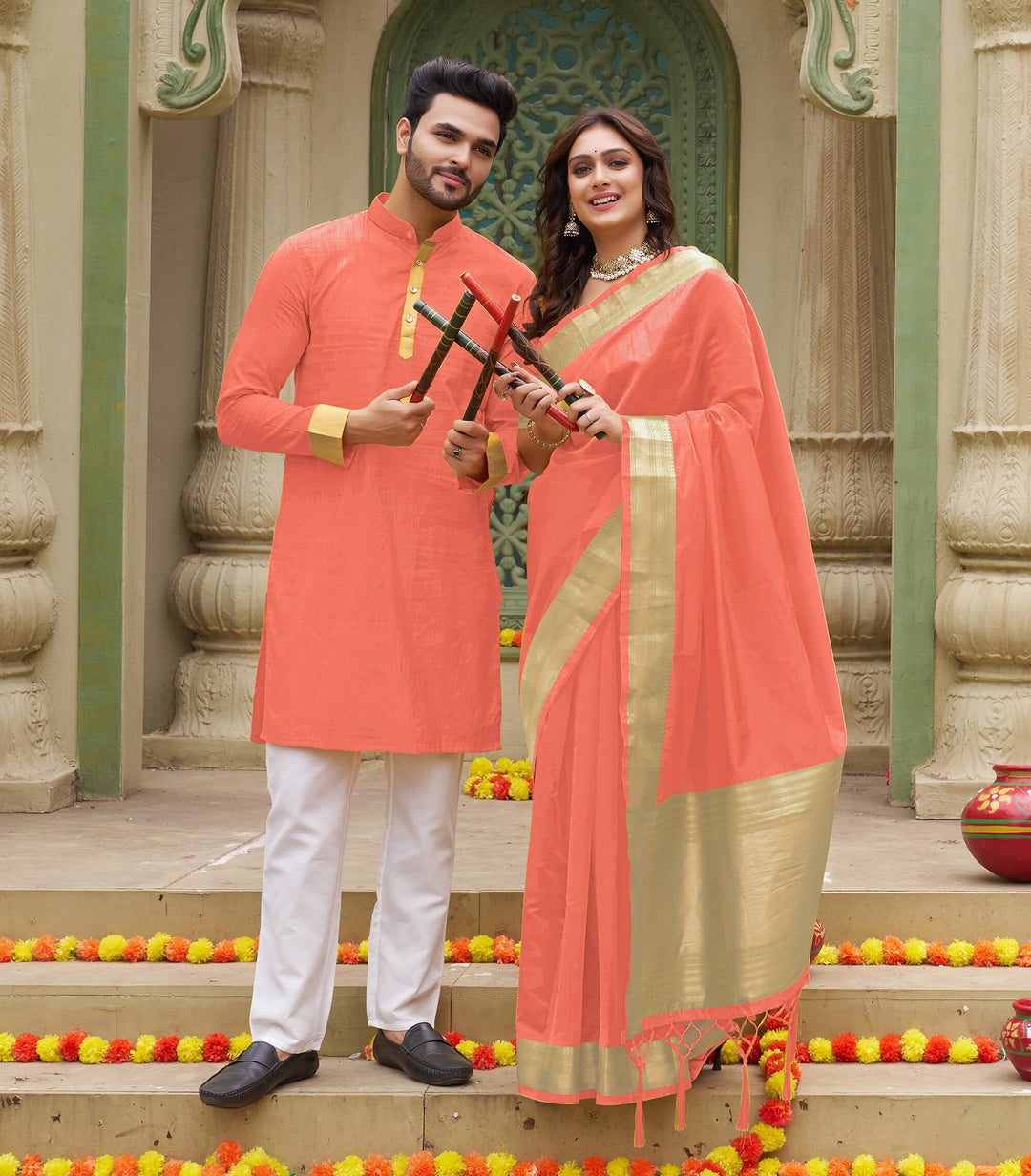 Cutie Peach Couple Matching Dress Orgenza silk Saree & Kurta