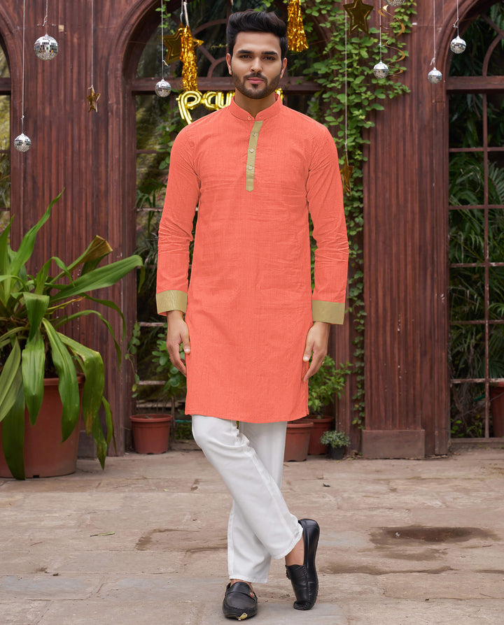 Classic Men Silk Peach Kurta with Pajama