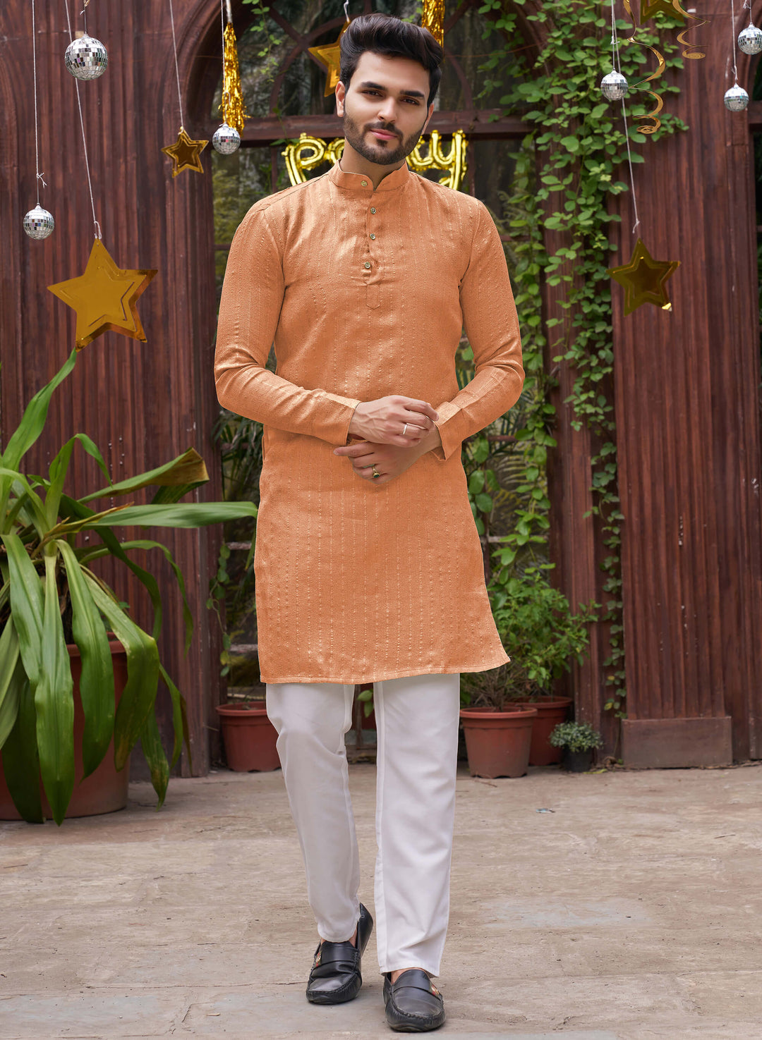 Stylish Men Zari Silk Peach Kurta with Pajama