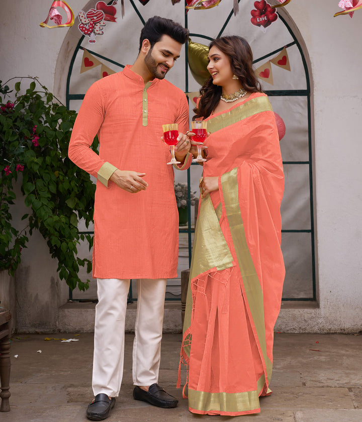 Cutie Peach Couple Matching Dress Orgenza silk Saree & Kurta