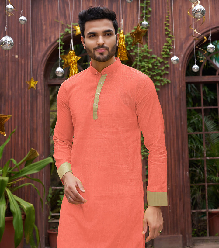 Classic Men Silk Peach Kurta with Pajama