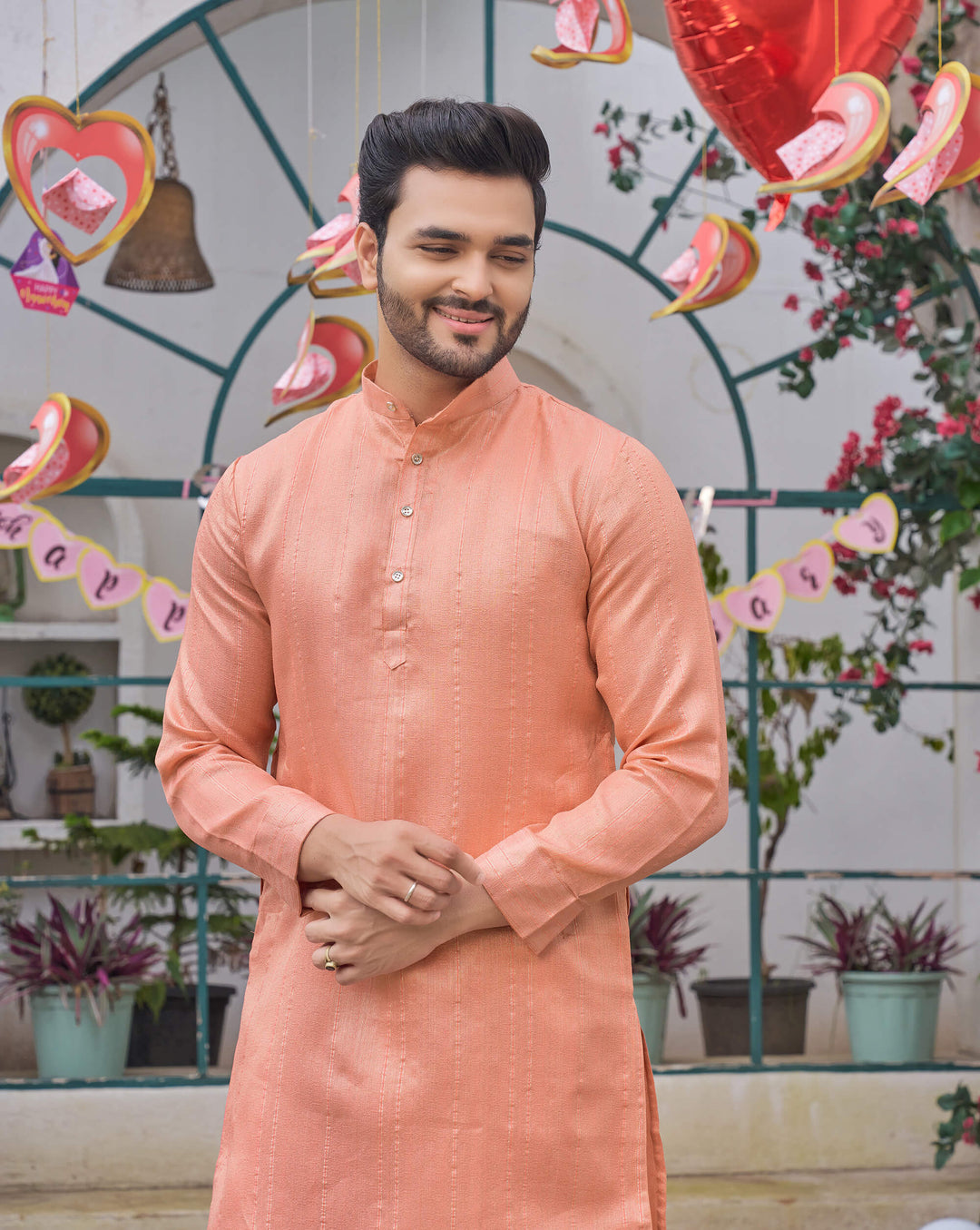 Stylish Men Zari Silk Gold Peach Kurta with Pajama