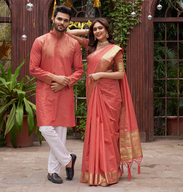 Aasam Silk Couple Dress Peach Saree & Kurta