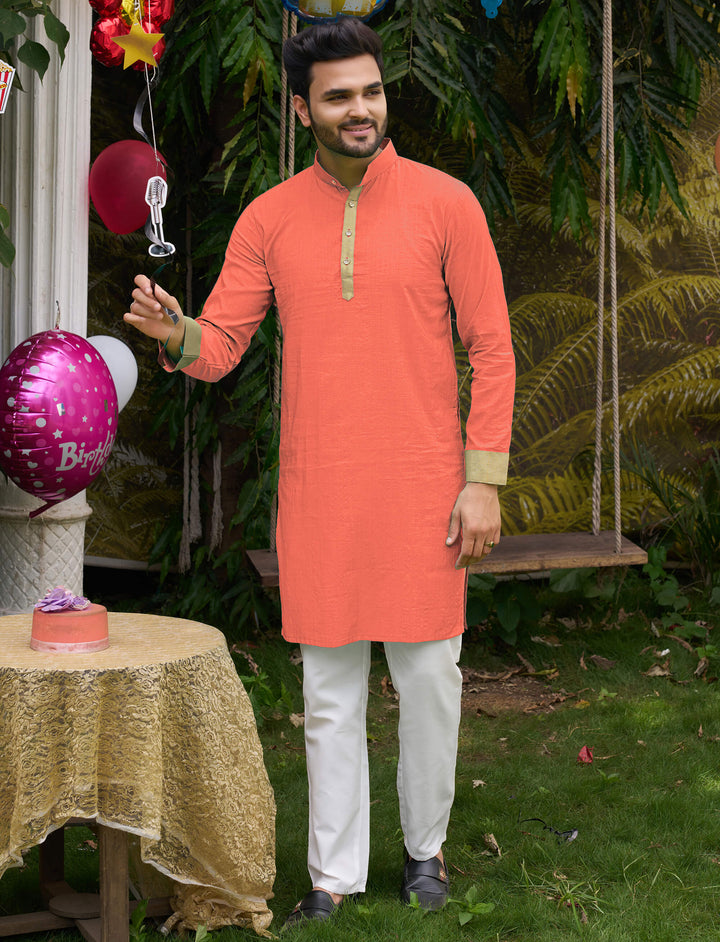 Classic Men Silk Peach Kurta with Pajama