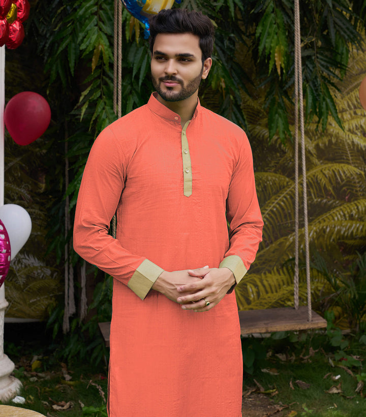 Classic Men Silk Peach Kurta with Pajama