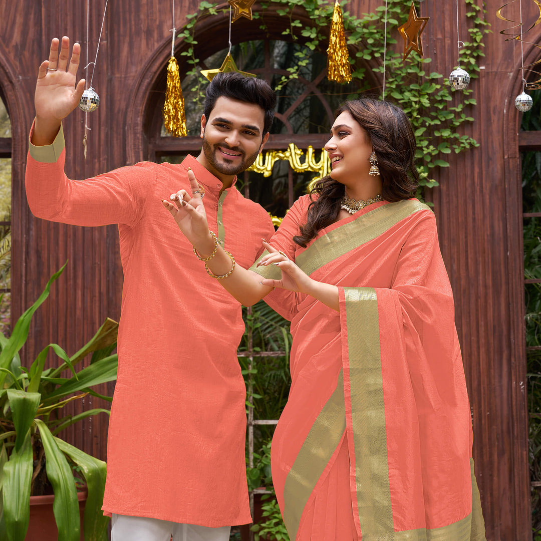 Cutie Peach Couple Matching Dress Orgenza silk Saree & Kurta