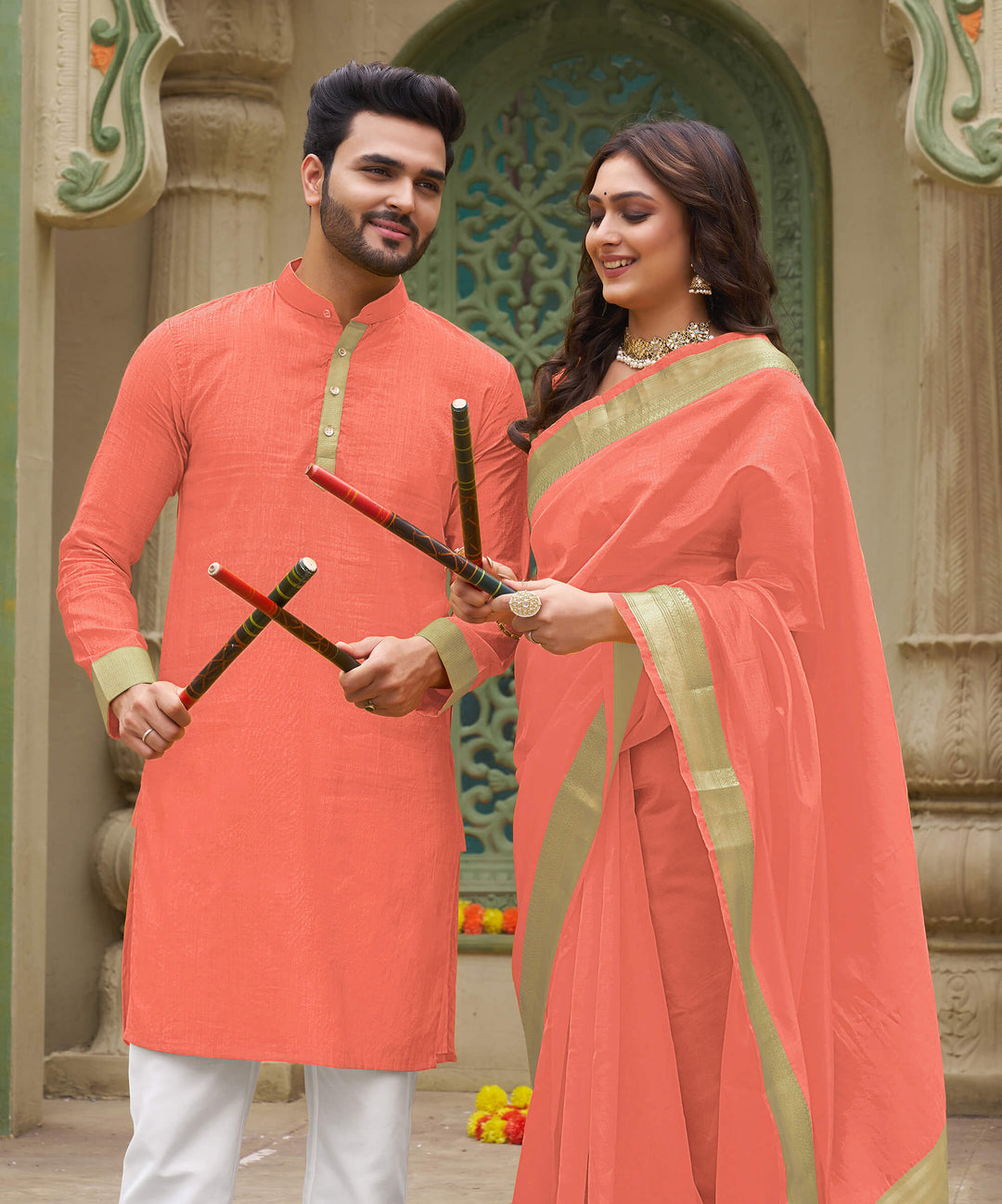 Cutie Peach Couple Matching Dress Orgenza silk Saree & Kurta