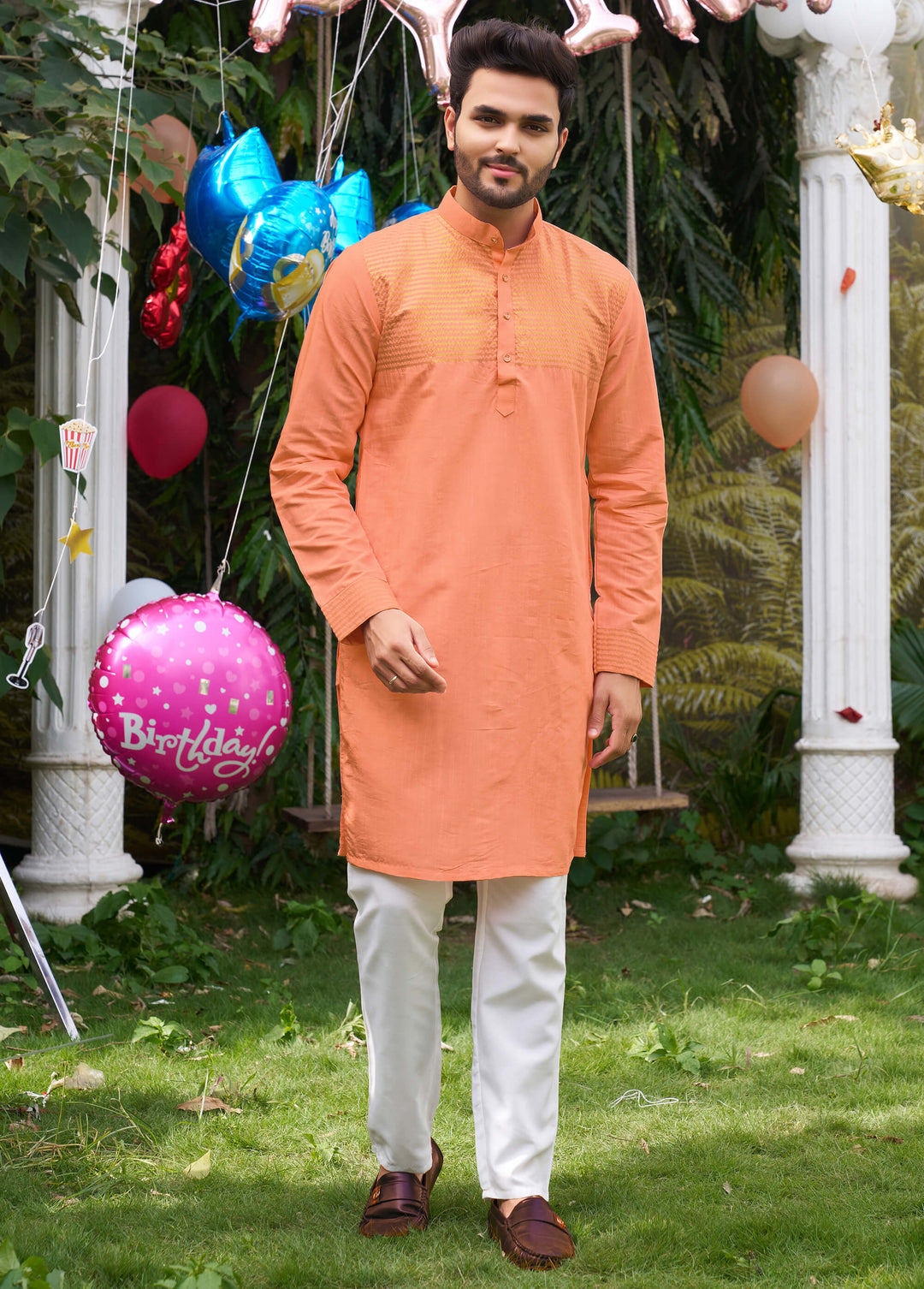 Elegant Men Silk Peach Kurta with Pajama