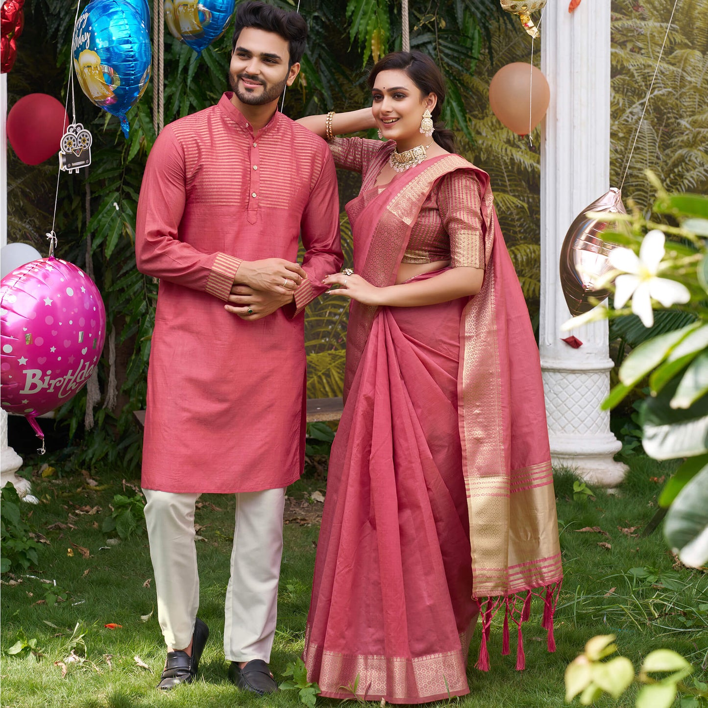 Princy Pink Couple Dress Silk Saree & Kurta