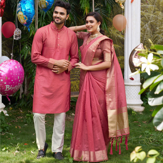 Princy Pink Couple Dress Silk Saree & Kurta