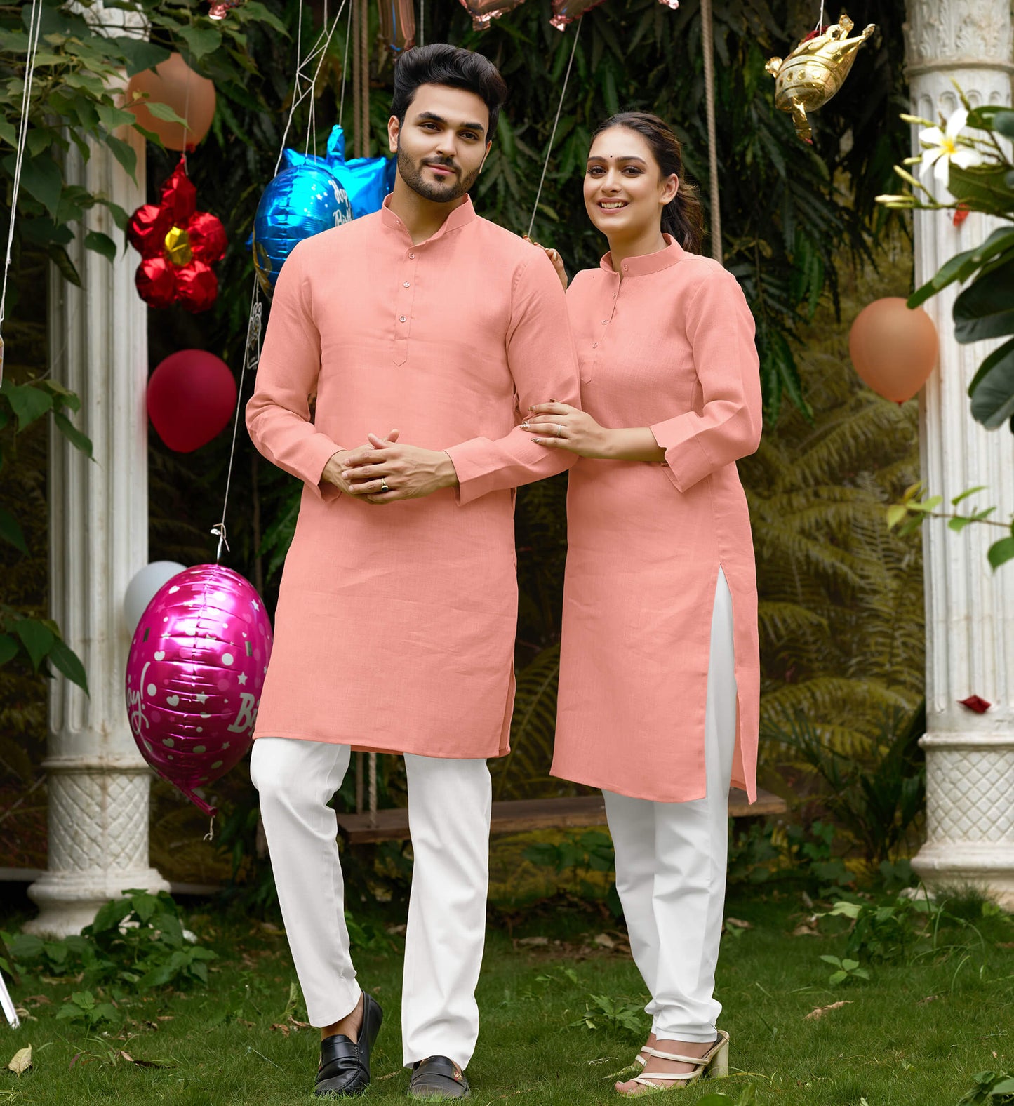 Linen Cotton Kurti and Kurta Pink Couple Combo