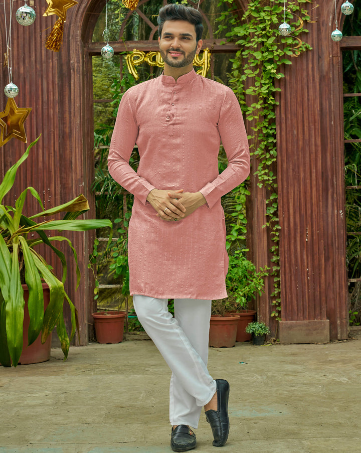 Stylish Men Zari Silk Pink Kurta with Pajama