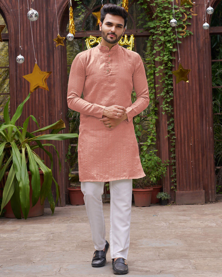 Stylish Men Zari Silk Pink Kurta with Pajama