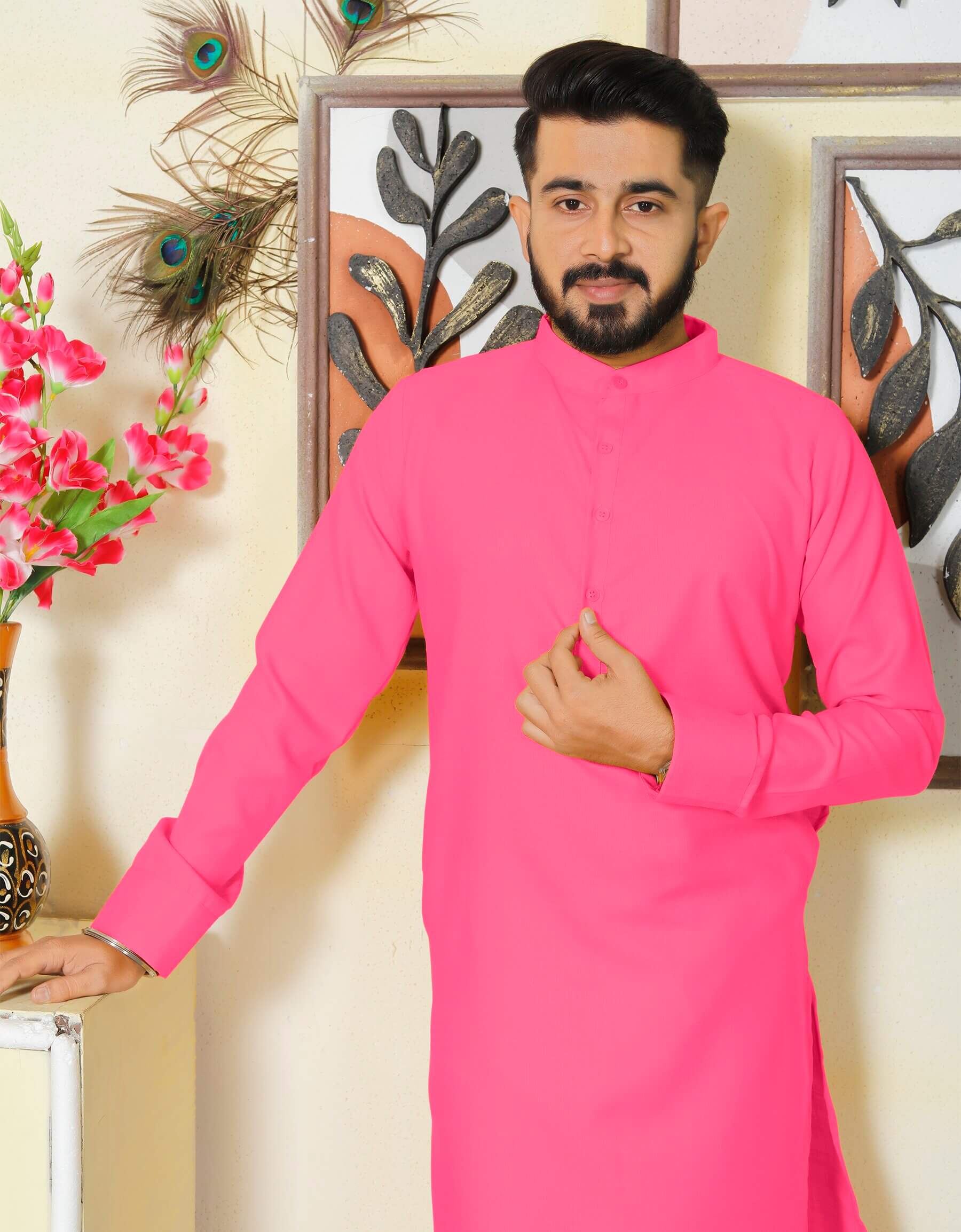 Gallant Pink Men Cotton Kurta with Pyjama