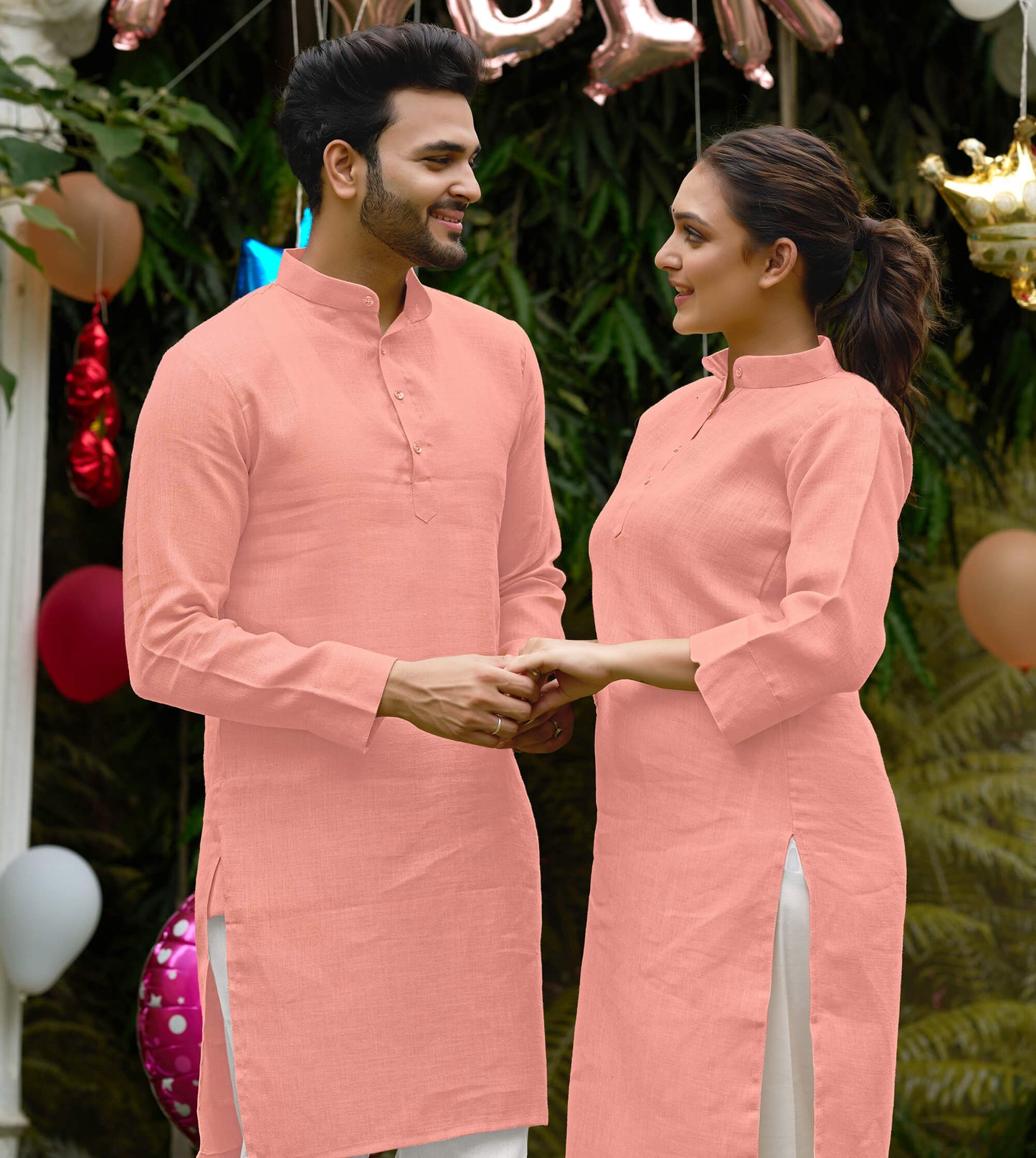 Linen Cotton Kurti and Kurta Pink Couple Combo