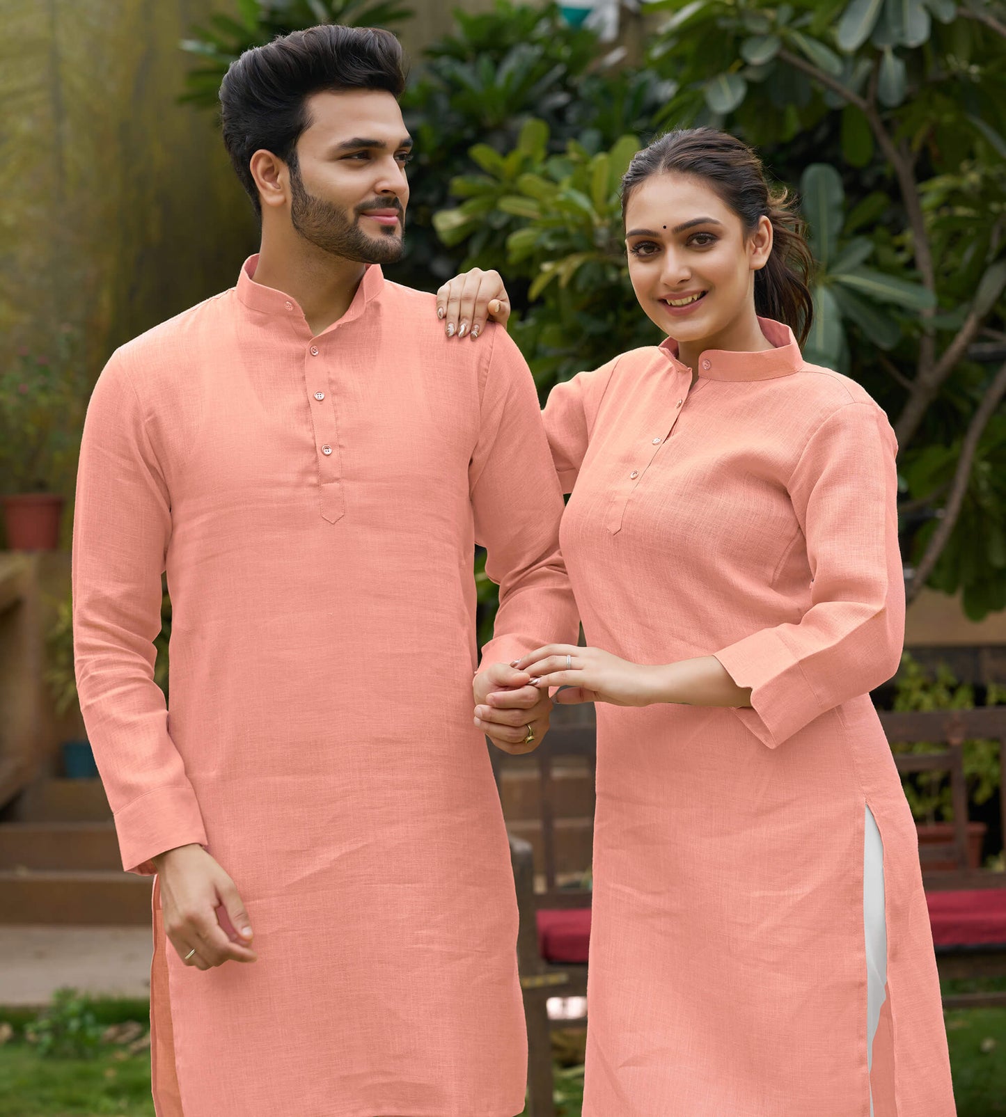 Linen Cotton Kurti and Kurta Pink Couple Combo