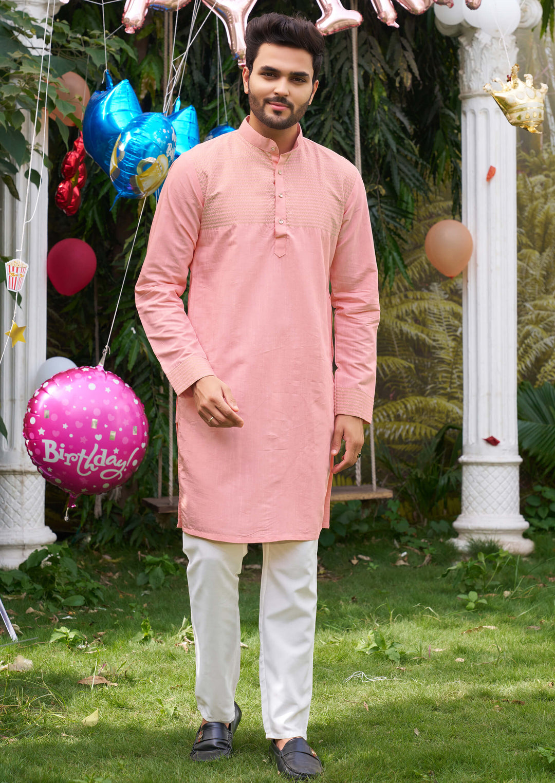 Elegant Men Silk Pink Kurta with Pajama