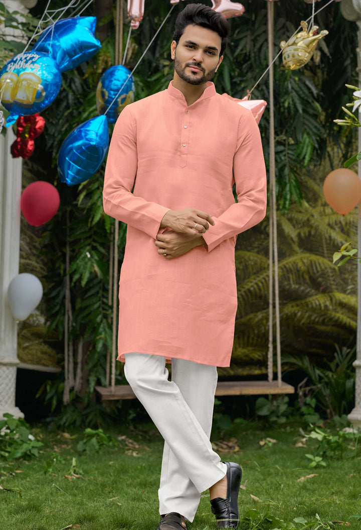 Royal Men Linen Cotton Pink Kurta pyjama