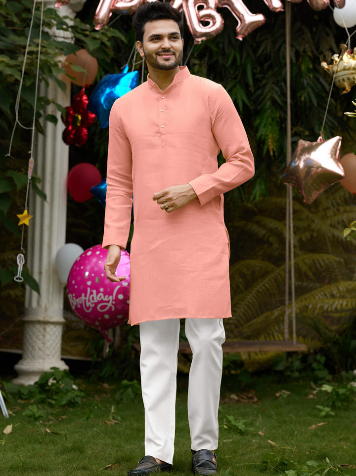 Royal Men Linen Cotton Pink Kurta pyjama