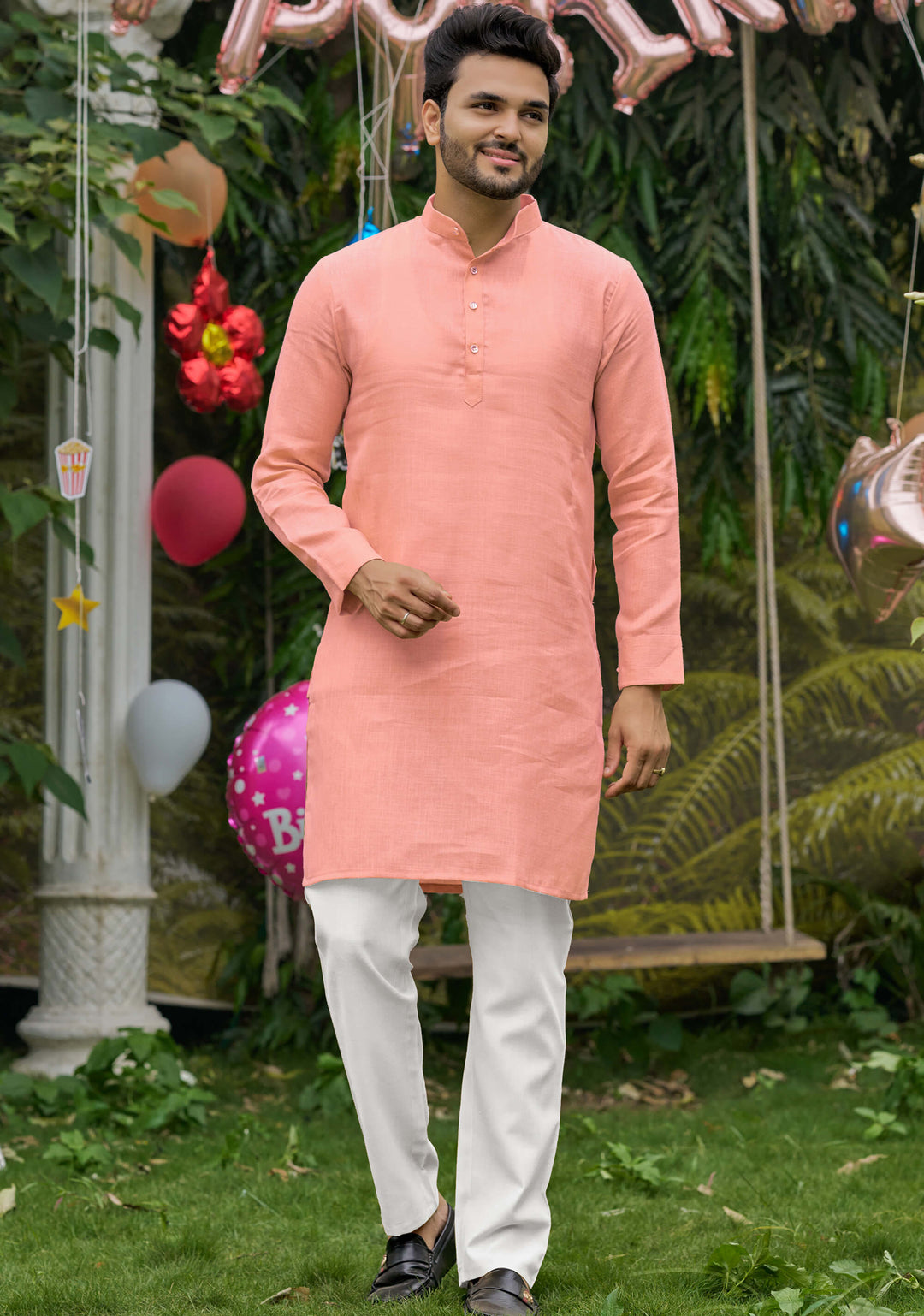 Royal Men Linen Cotton Pink Kurta pyjama