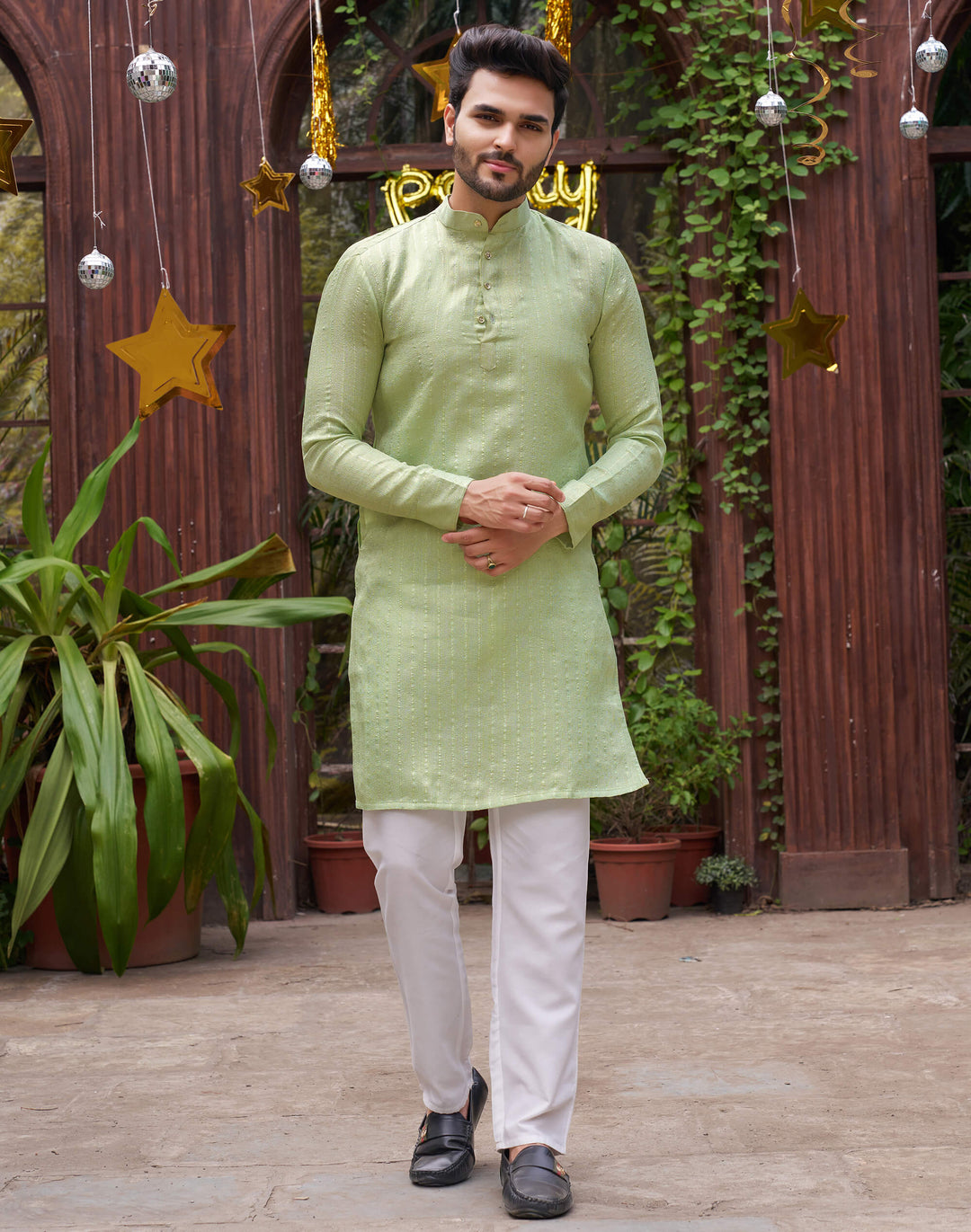 Stylish Men Zari Silk Gold Pista Kurta with Pajama