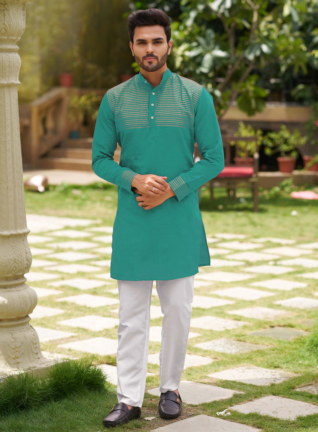 Stylish Men Silk Teal Kurta with Pajama