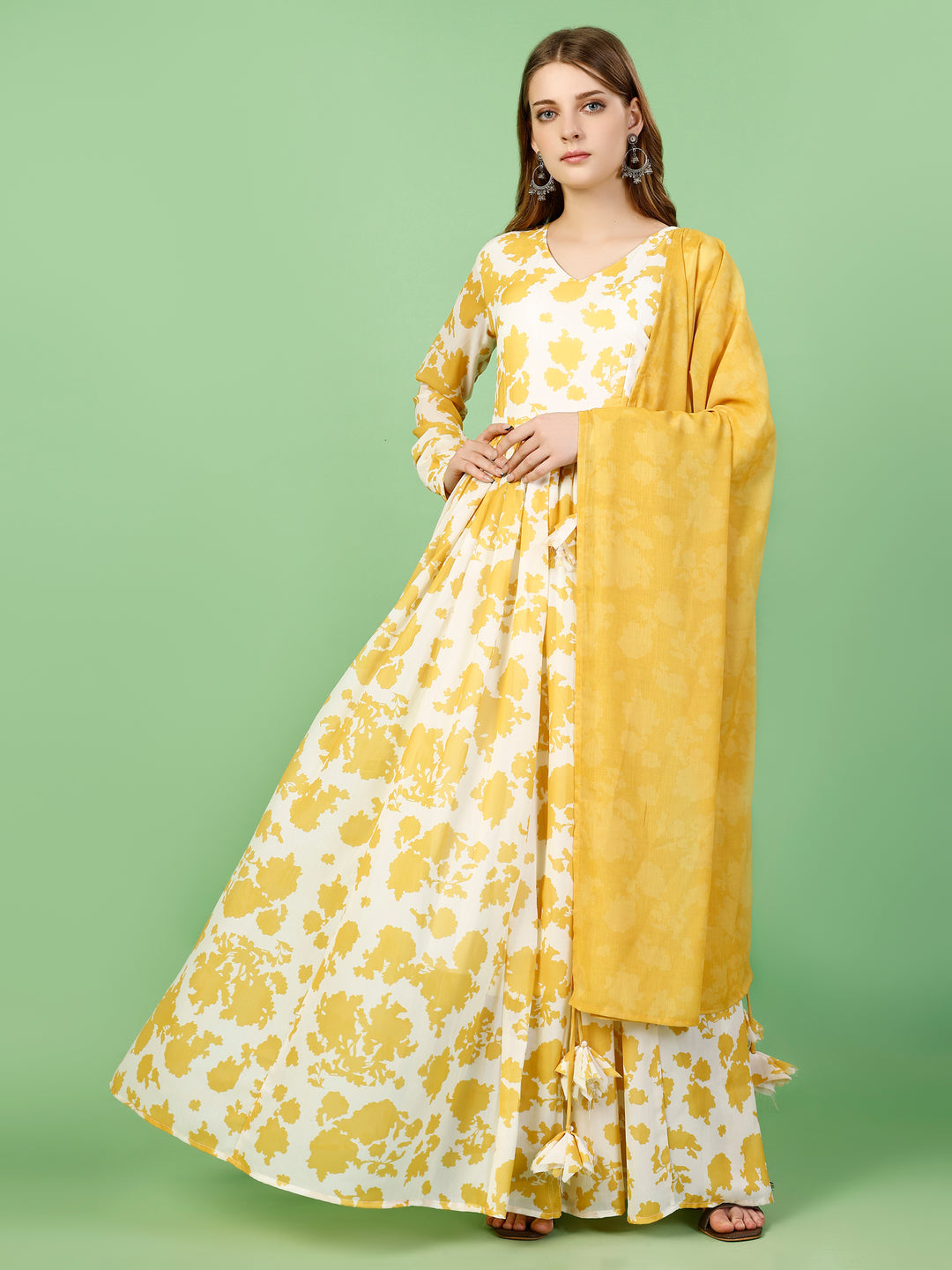 Chiffon Yellow Floral Mexi Dress with Dupatta