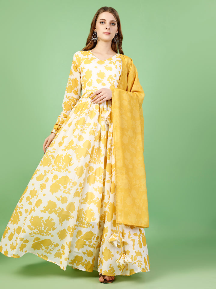 Chiffon Yellow Floral Mexi Dress with Dupatta