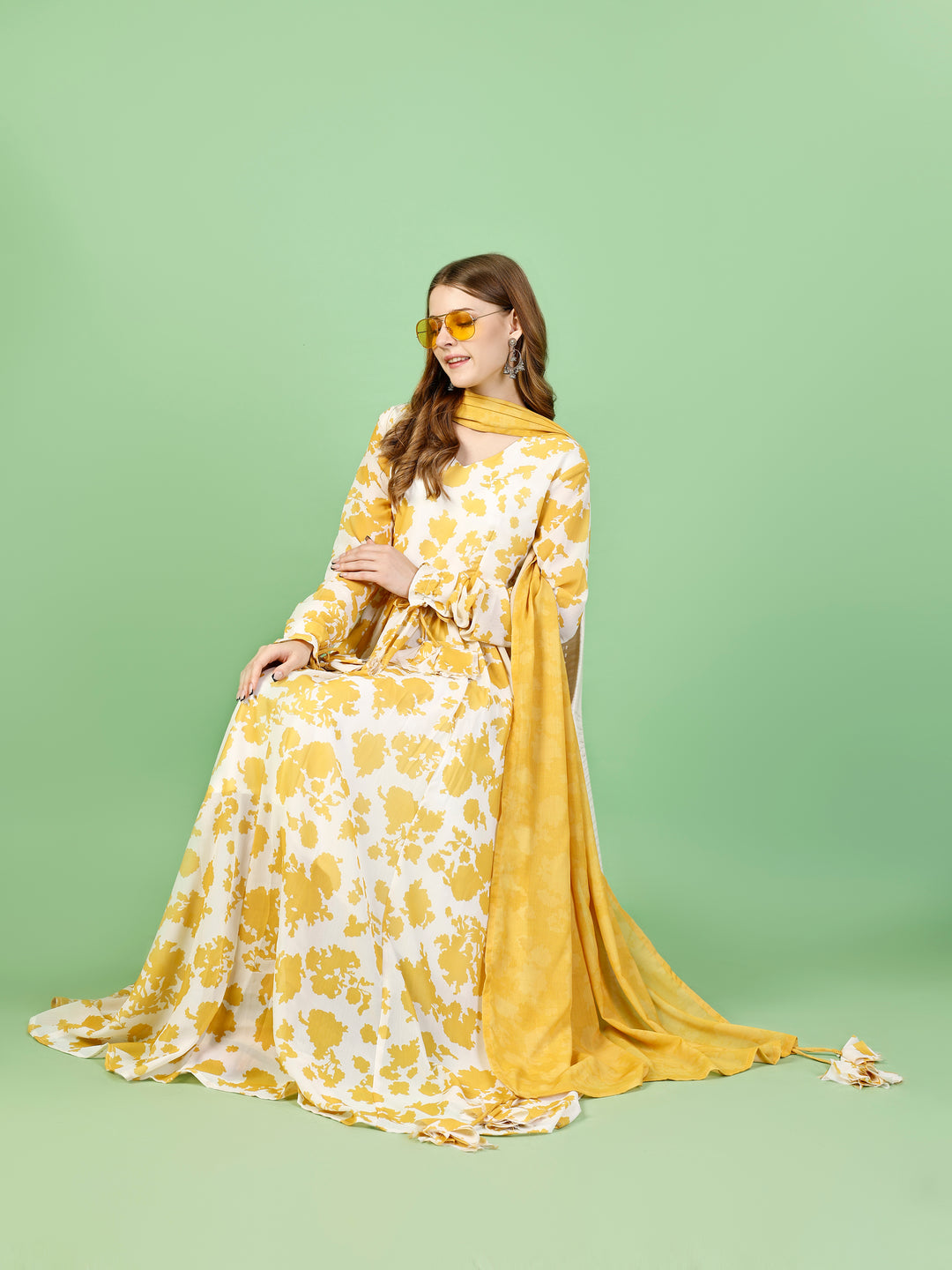 Chiffon Yellow Floral Mexi Dress with Dupatta