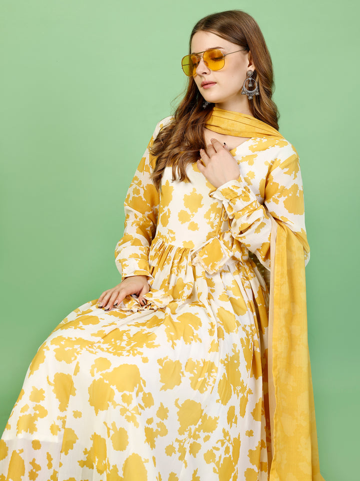 Chiffon Yellow Floral Mexi Dress with Dupatta