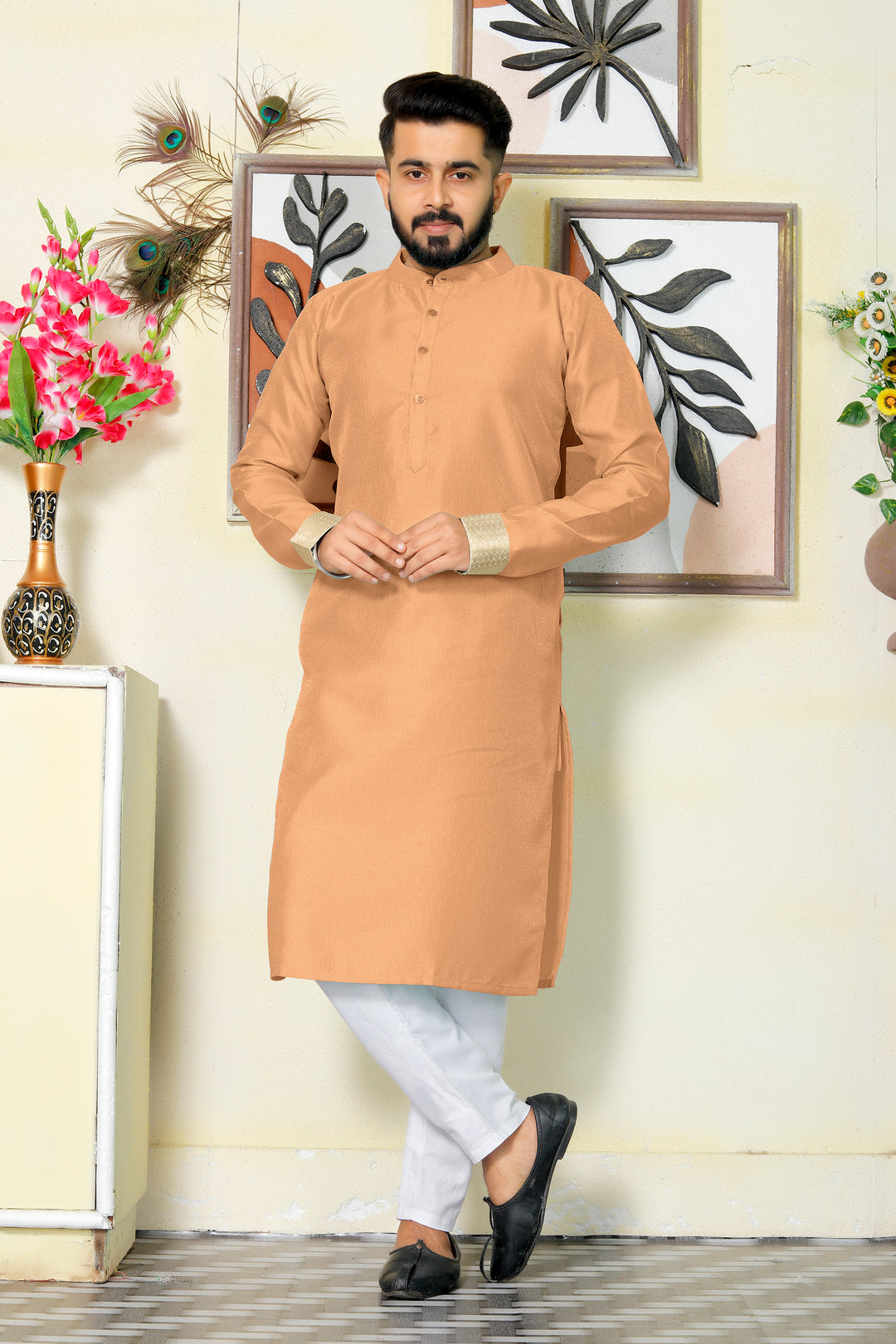 Venila Silk Men Peach Kurta with Pajama