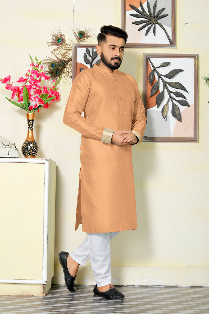 Venila Silk Men Peach Kurta with Pajama