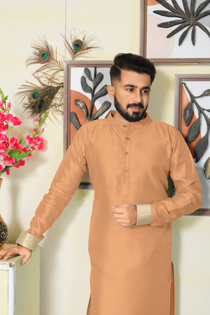 Venila Silk Men Peach Kurta with Pajama